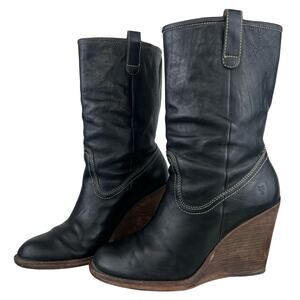 Women's Vintage Frye Black Leather Caroline Campus Midshaft Wedge Heels (Sz 9)